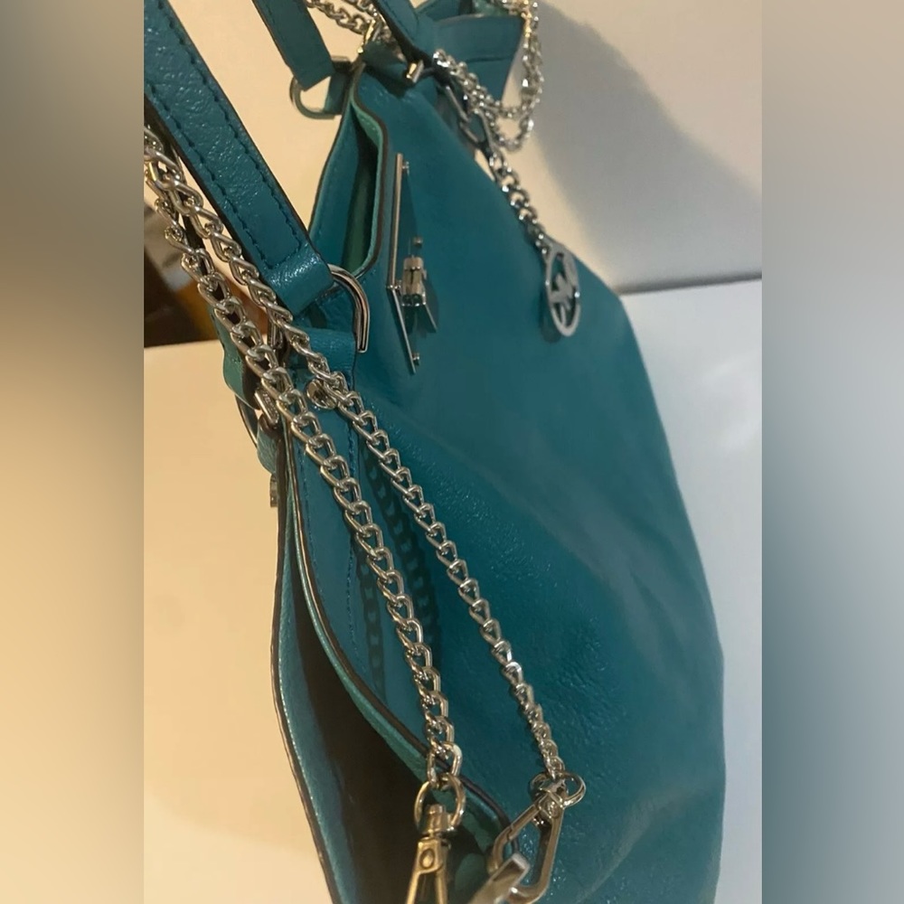Michael Kors Channing Aqua Green Soft Leather Silver Chain MK Logo Hardware Tote - Picture 7 of 14